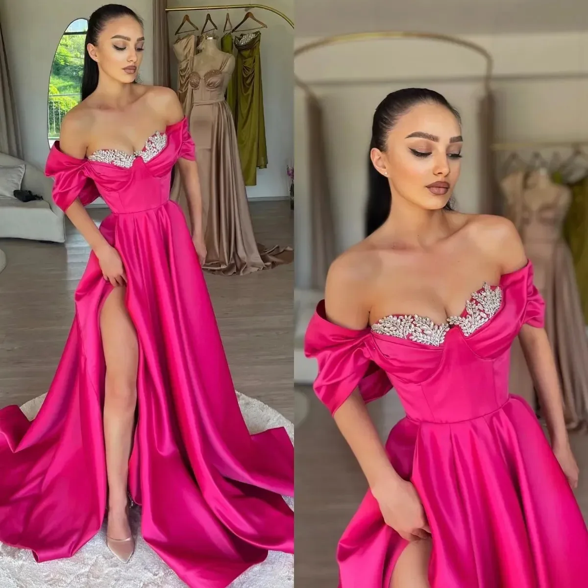 

Luxury Red Crystal beaded ball dress Sexy Off shoulder sweetheart neck pleat slit formal long Special party evening dress