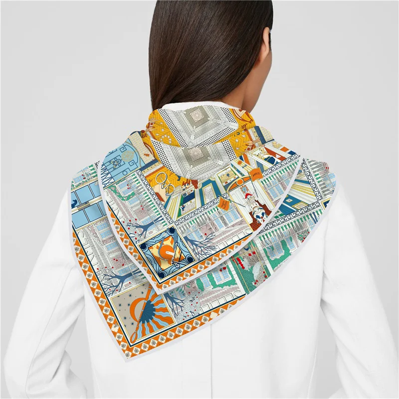 90x90cm New Design Shawl Palace Printed Silk Scarf Square Scarves Lady Wraps Kerchief Woman Neck Shawl Wraps Echarpes