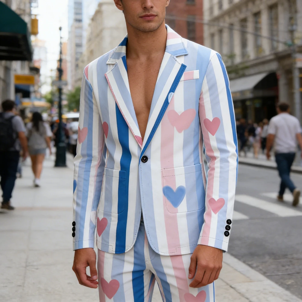 Men Heart Print Blazer Jacket Kawaii Cute Y2K Streetwear Oversized Casual Suit Coat Valentine's Day Gift for Him Couple Matching