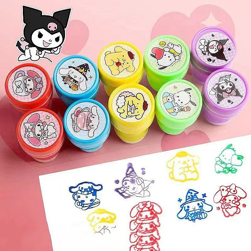 10 pçs/set sanrio auto-tinta selos bonito kuromi melodia pompompurin selo facial diy pintura álbum de fotos selo crianças brinquedos