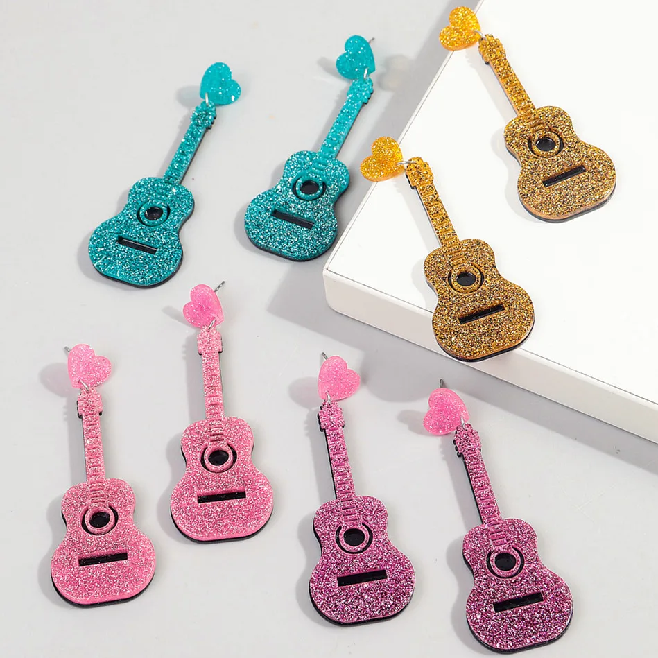 Glitter Colorful Acrylic Guitar Earrings for Women New Shiny Acoustic Guitar Heart Long Dangle Earrings Fashion Jewelry Gifts