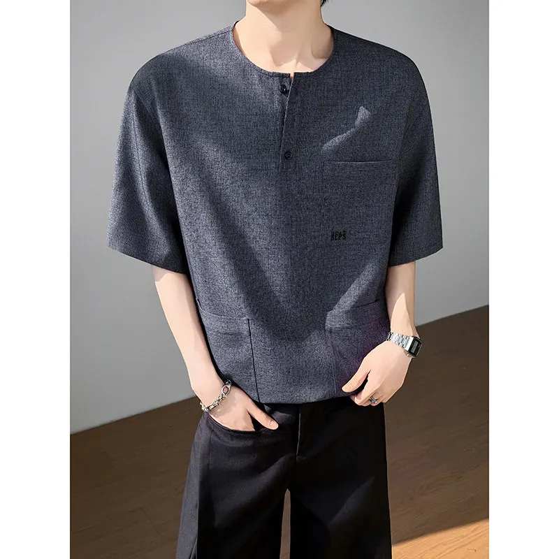 2026 model summer long-sleeved wind-blown ice-silk multi-pocket design round-neck T-shirt shirt