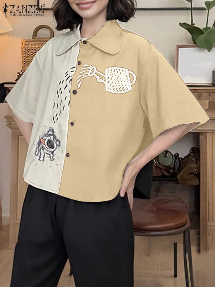 ZANZEA Fashion Printed Shirts Women Short Sleeve Patchwork Blusas Turn-Down Collar Casual Loose Tunic Summer Tops Oversized