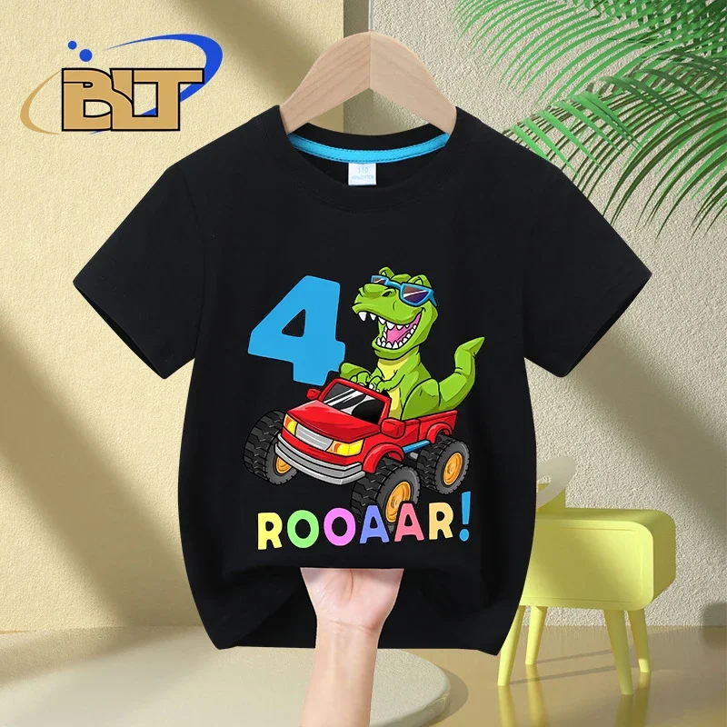 Kaus ulang tahun anak-anak motif truk dinosaurus 4 tahun T-shirt katun lengan pendek hadiah kejutan musim panas