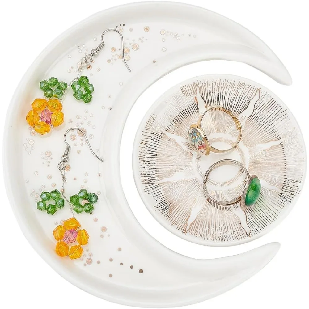 1Set Sun and Moon Jewelry Plate Ceramic Jewelry Dish Decorative Trinket Floral White Jewelry Holder Tray for Storing Rings