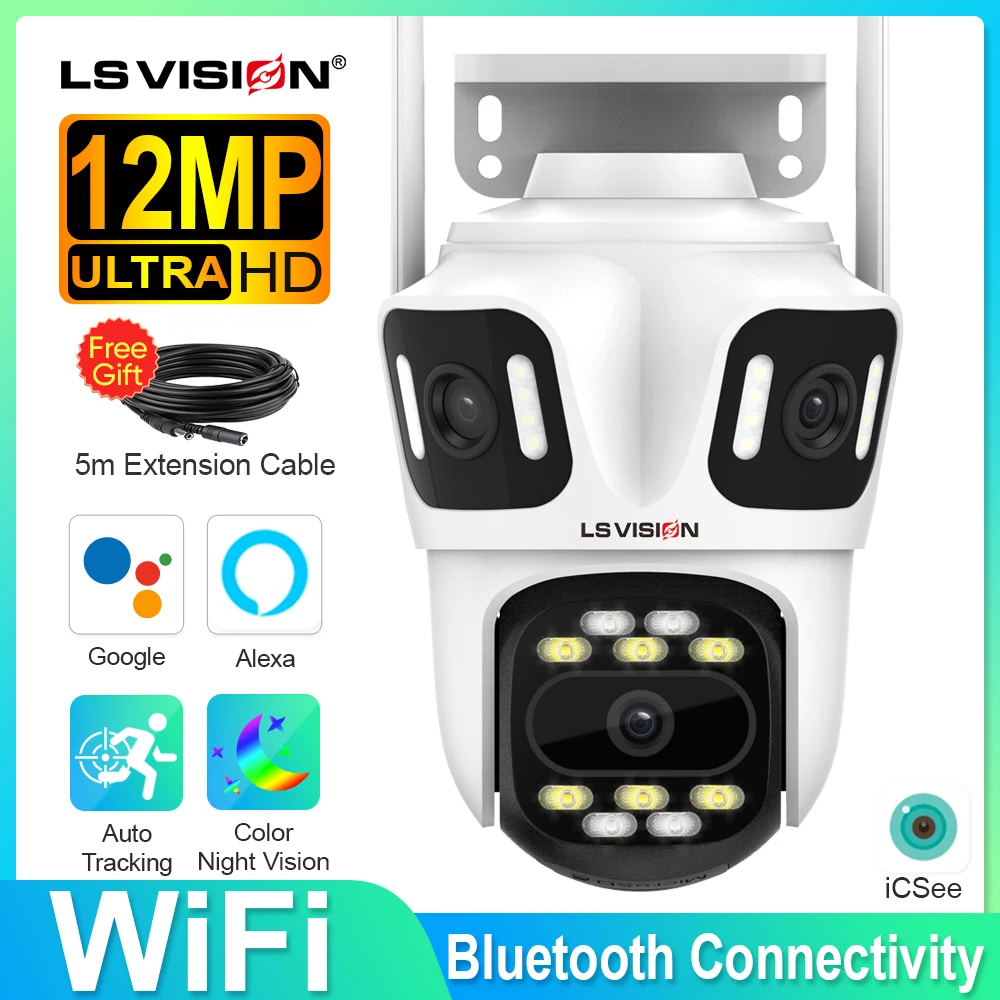 

LS VISION 6k HD Wifi PTZ Camera Outdoor 12MP 3 Screen AI Auto Tracking IP Camera CCTV 3k 6mp Audio Video Surveillance Cam ICSee