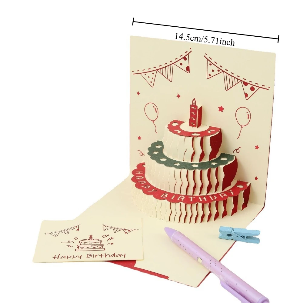 Personalized 3D Pop-Up Birthday Card featuring a cake design, gold-foil stamping on the cover, and intricate folded paper-cut ar