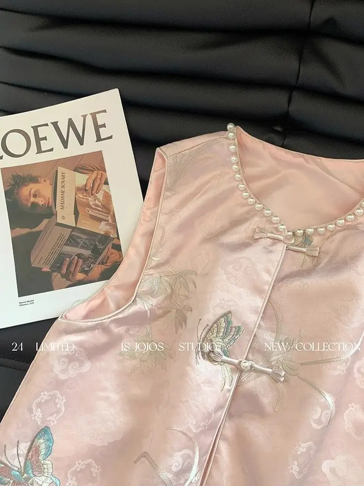 플로럴 자수 새틴 실크 베스트 여성 민소매 빈티지 탑 중국풍 레트로 버클 탑