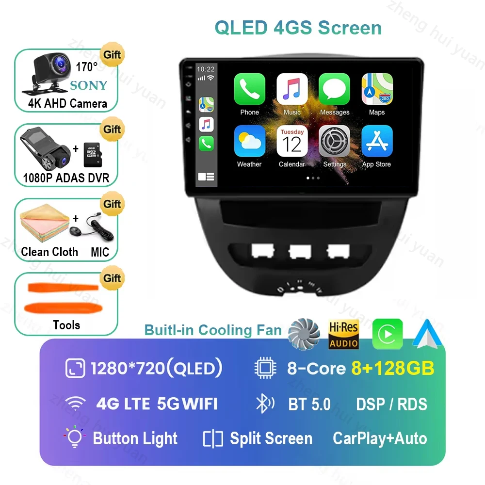 Voor Peugeot 107 Toyota Aygo Citroen C1 2005-2014 Android 16 Carplay & Auto Autoradio Navigatie Multimedia Stereo Speler BT QLED
