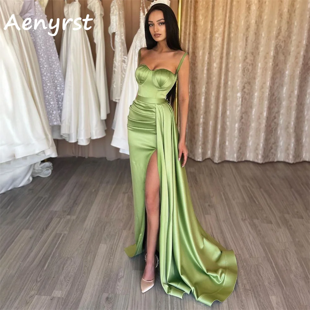 

Aenyrst Green Sweetheart Spaghetti Strap Formal Prom Dresses Satin Side High Split Evening Dress Sweep Train Special Party Gowns