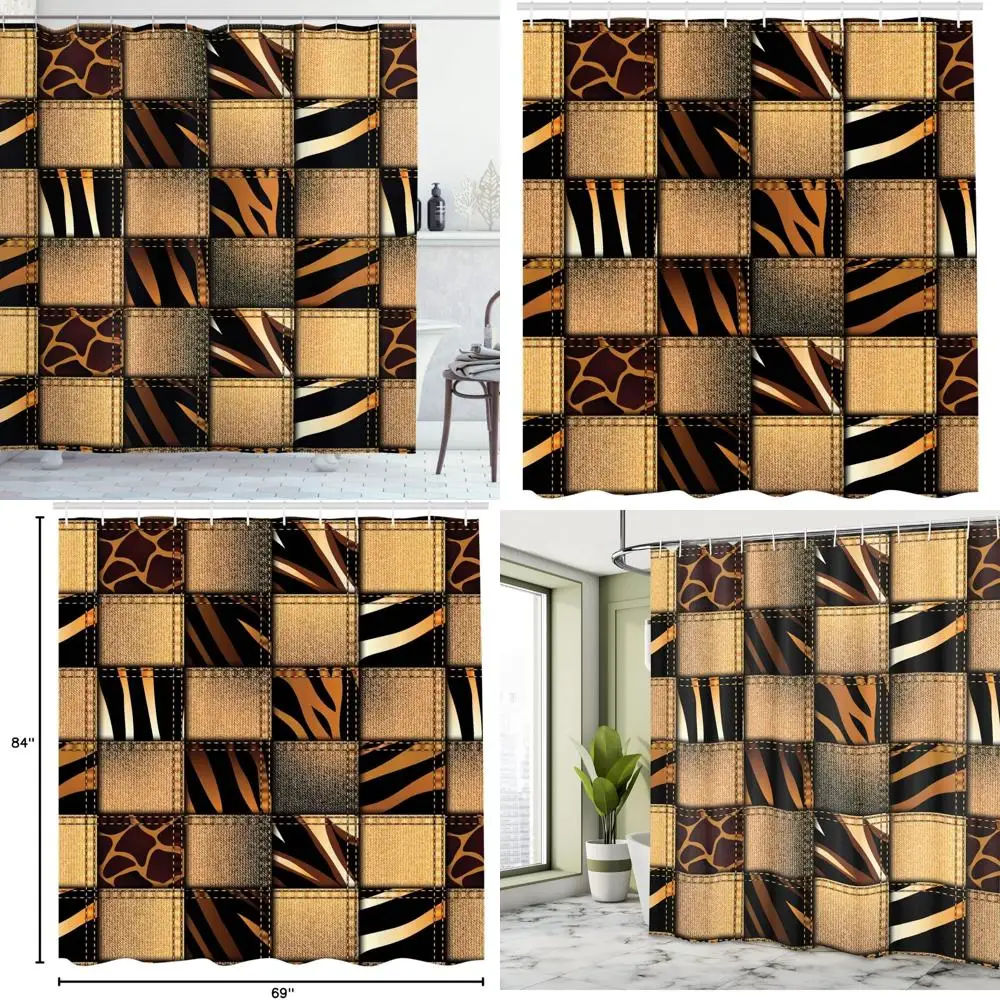 

Лоскутная занавеска для душа в стиле саванны: джинсовый стиль на землет, с художественным принтом жирафа и зебры.