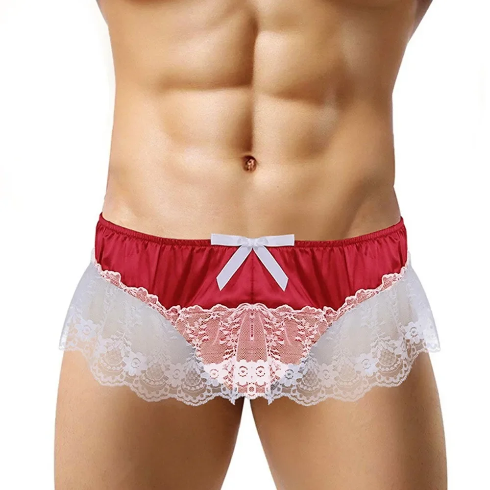 Mens Sissy Panties Shiny Soft Satin Lingerie Double Layers Floral Lace Back Bowknot Low Rise Bikini Thong Underwear Male Briefs