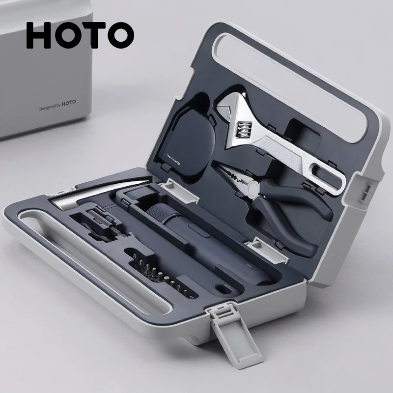 HOTO 3.6V Screwdriver Cordless Tool Set Repair Tool Kit Mechanical Tools Box for Home DIY Screwdriver Hammer Tape Measure