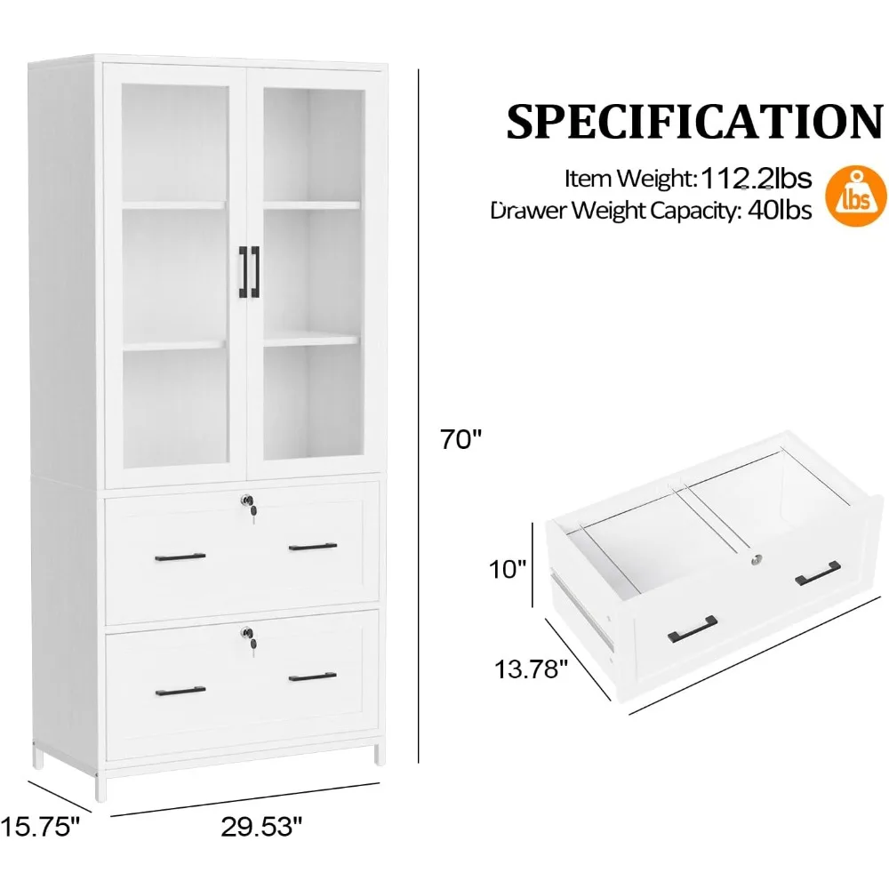 Lateral File Cabinet with Glass Doors, 2 Locking Drawers for Files, Adjustable Shelves Bookshelf for Home Office Organization