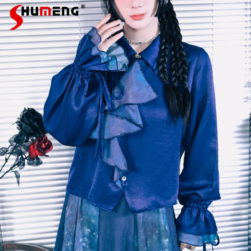 

Spliced Ruffle Lantern Sleeves Shirt Hot Girls New Chinese Style Blue Fashion Top Single-breasted Long-sleeved Blouse For Ladies