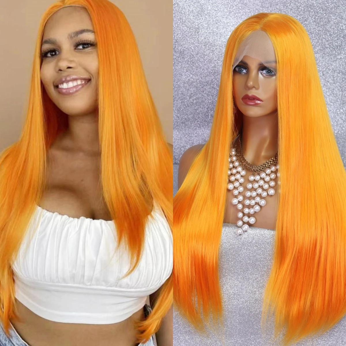 

Orange Color Synthetic 13x4 Lace Front Straight Drag Queen Glueless Heat Resistant Preplucked Cosplay Wigs For Black Women 180%