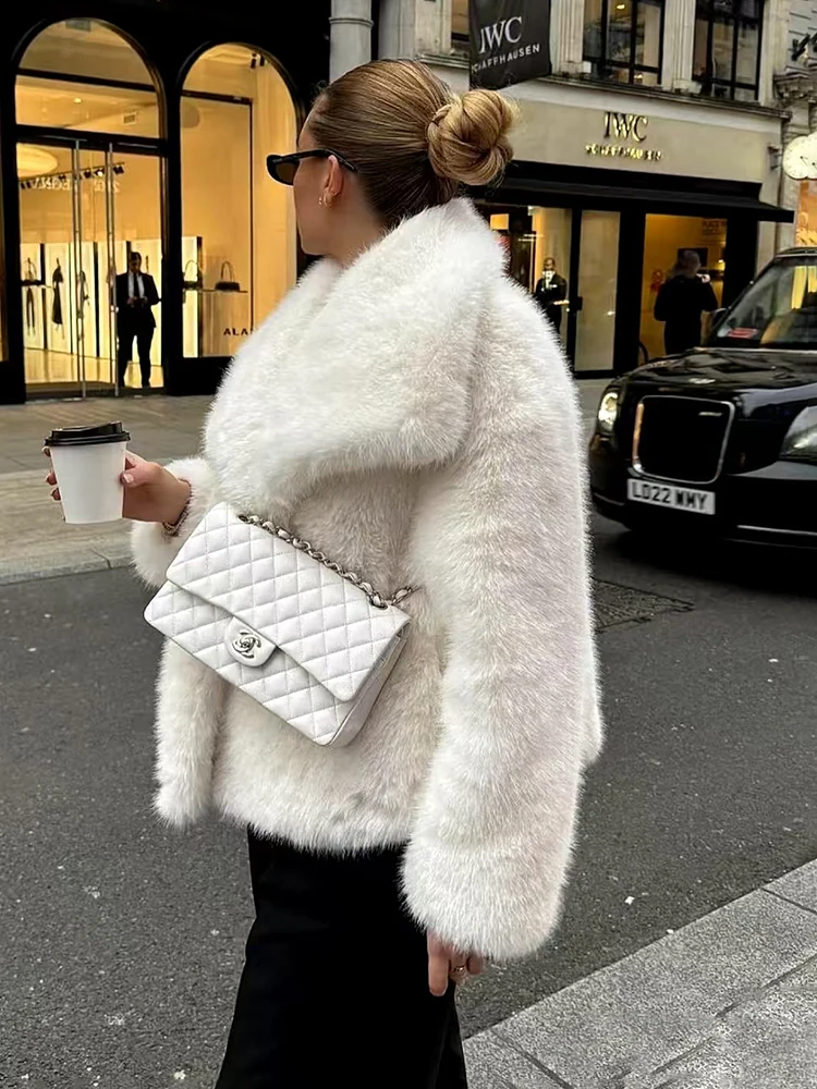 TARUผู้หญิงเสื้อขนสัตว์ขนาดใหญ่Lapel Streetwear Fluffy Fox Fur CoatคุณภาพสูงOffice Lady Fur Jacket Coatหนาแฟชั่น