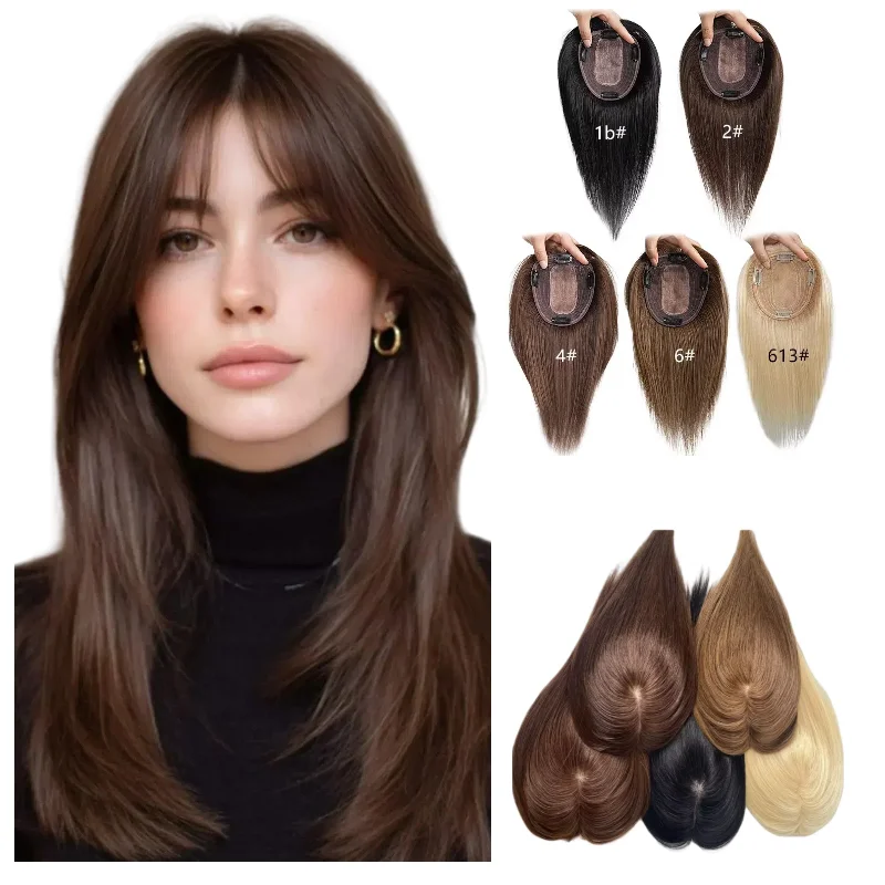 

Топпер средней части для женщин, 100% кружево из натуральных волос с челкой | 7x10 12x14 см 12 дюймов для выпадения волос щитовидной железы