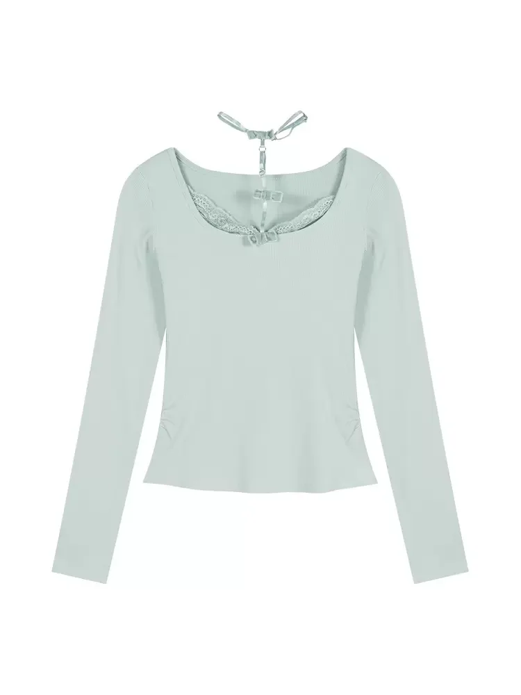 Green Tops Tee Women Long Sleeve Lace Trim Bows Decoration Cute T-shirt for Sweet Girls Kawaii Clothes