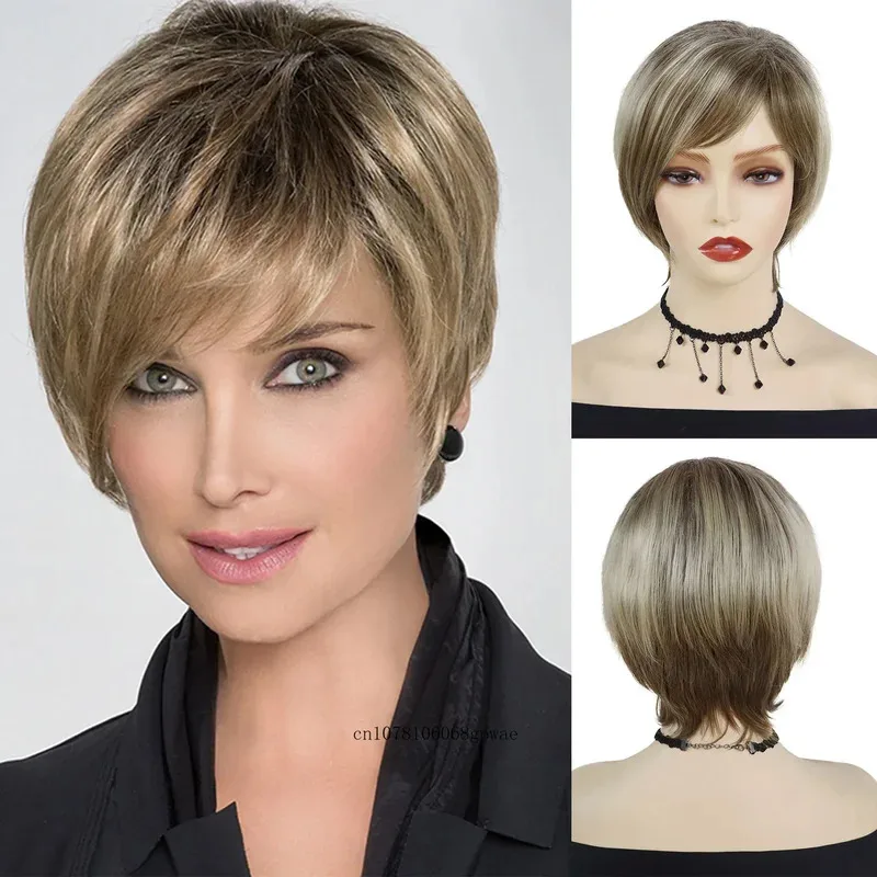 

Synthetic Short Wig for Women Brown Mix Blonde Wig with Bangs Heat Resistant Natural Straight Hair Daily Lady Casual Pixie Wigs