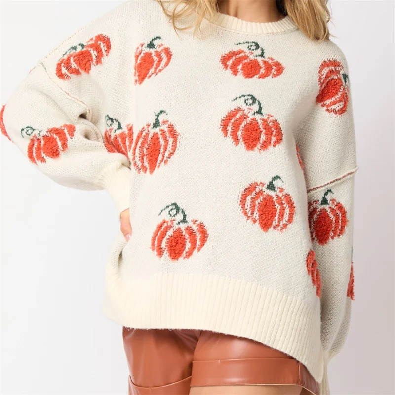 Dourbesty Women Halloween Sweaters Long Sleeve Round Neck Pumpkin Pattern Pullovers Winter Warm Jumpers for Fall Streetwear 2024