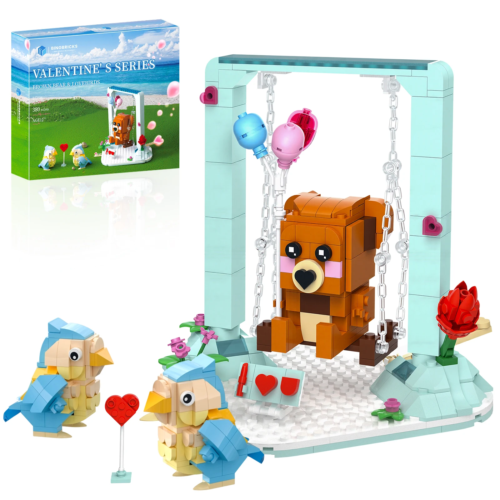 

Набор строительных блоков «Влюбленные птички и бурый медведь» ко Дню святого Валентина, модель цветка-сердца «Я люблю тебя» с качелями, романтический подарок для девочек