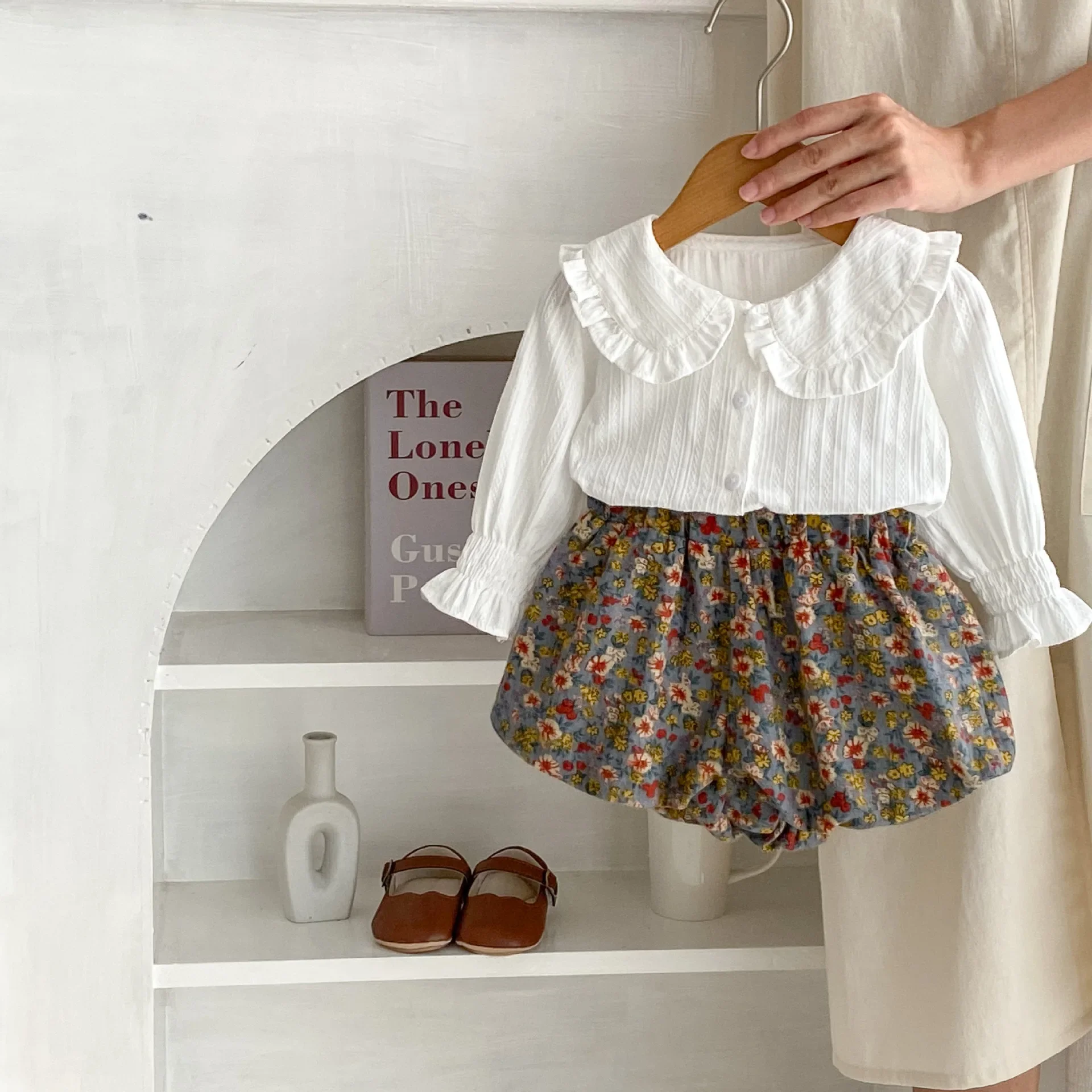 Children Sets Autumn Baby Doll Collar Prints Tops Fragmented Flowers Bilayer Trousers 2 Piece Set Cotton Stripe