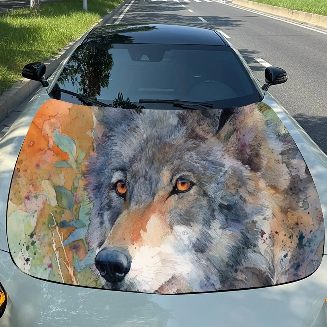 

Artistic Watercolor Wolf Car Vinyl Wrap, PVC Waterproof Car Hood Sticker, Self-Adhesive Scratch-Resistant Stickers for Engine Co