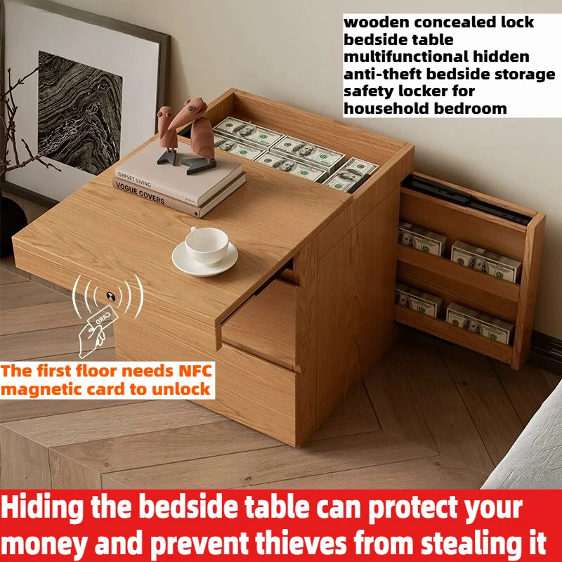 Massivholz-Nachttisch mit Verstecktem Safe NFC-Karten-Entriegelung Geheimfach Schlafzimmer Nachttisch-Safe Aufbewahrungsschrank Möbel