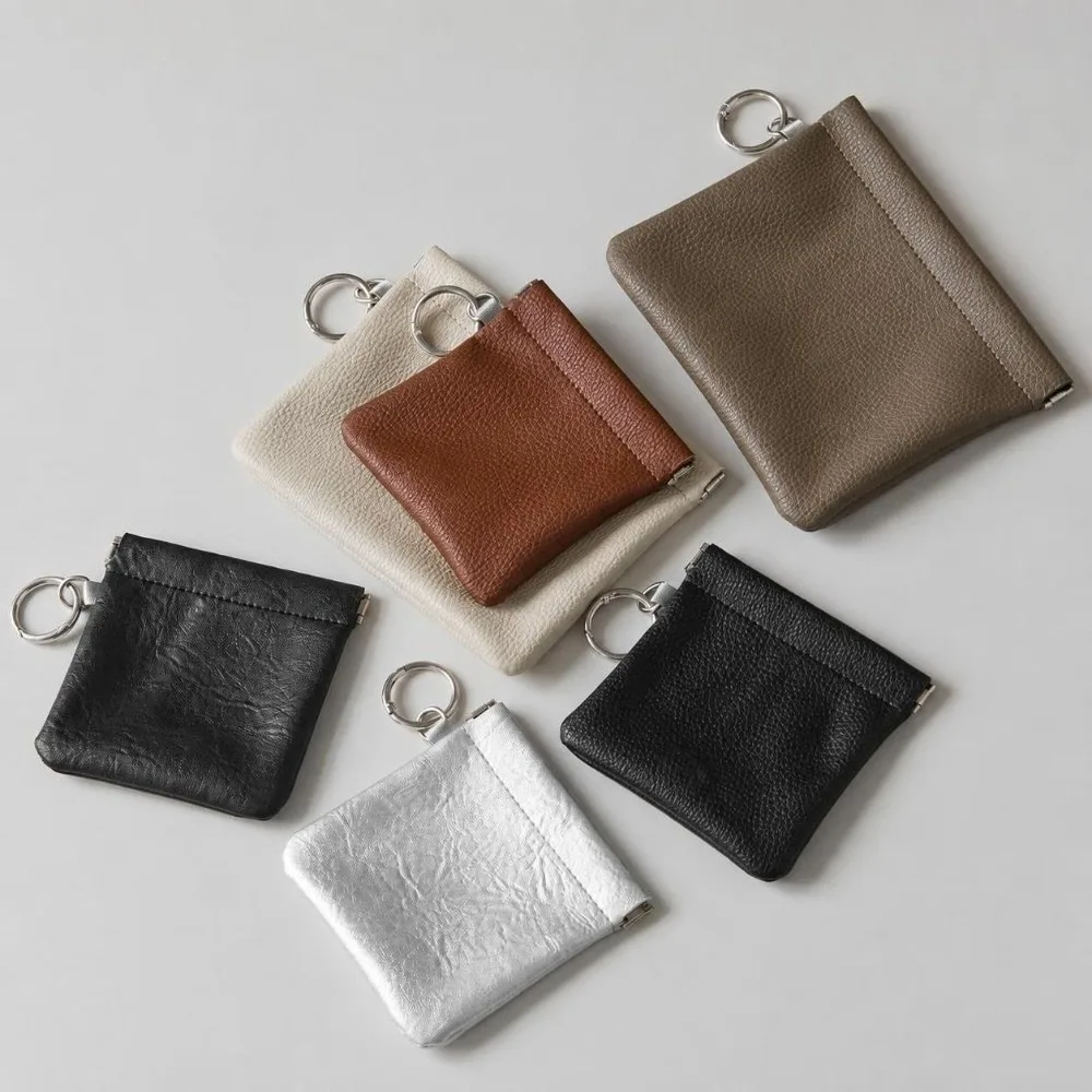 Leather-like Mini Cosmetic Pouch Spring Self-closing Opening with Key Ring Spring Small Makeup Bag Small Travel Coin Purse