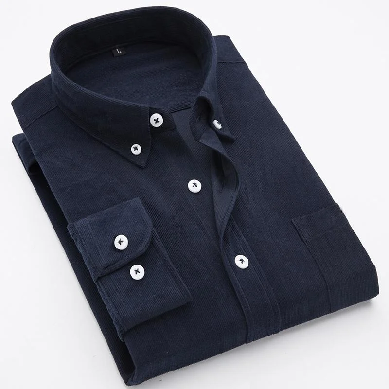 Fashion Mens Corduroy Shirts Solid Color Long Sleeve Cotton Casual Shirt Men Business Work Shirt