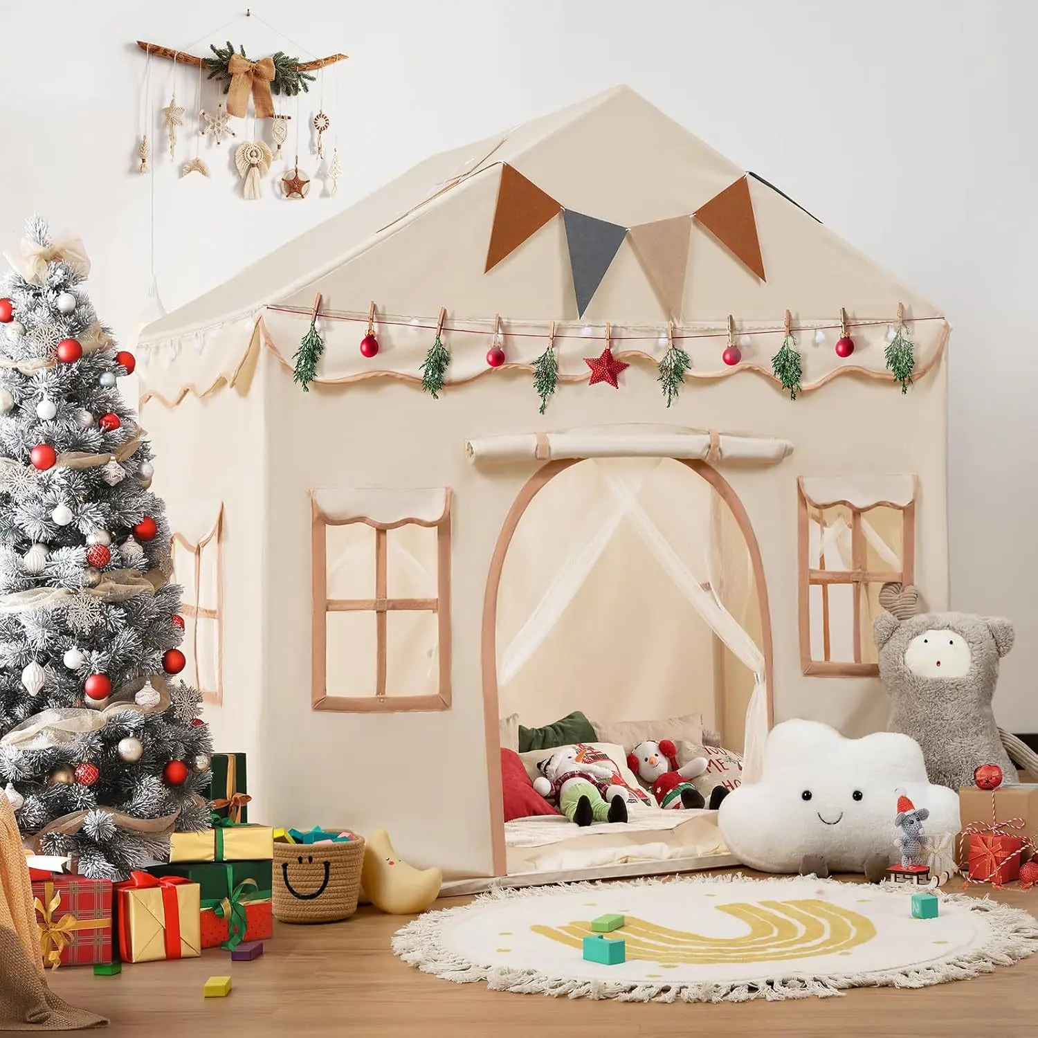 Tente de jeu pour enfants, grande maison de jeu pour enfants avec 2 portes et 4 fenêtres pour tente de noël intérieure et extérieure pour tout-petits