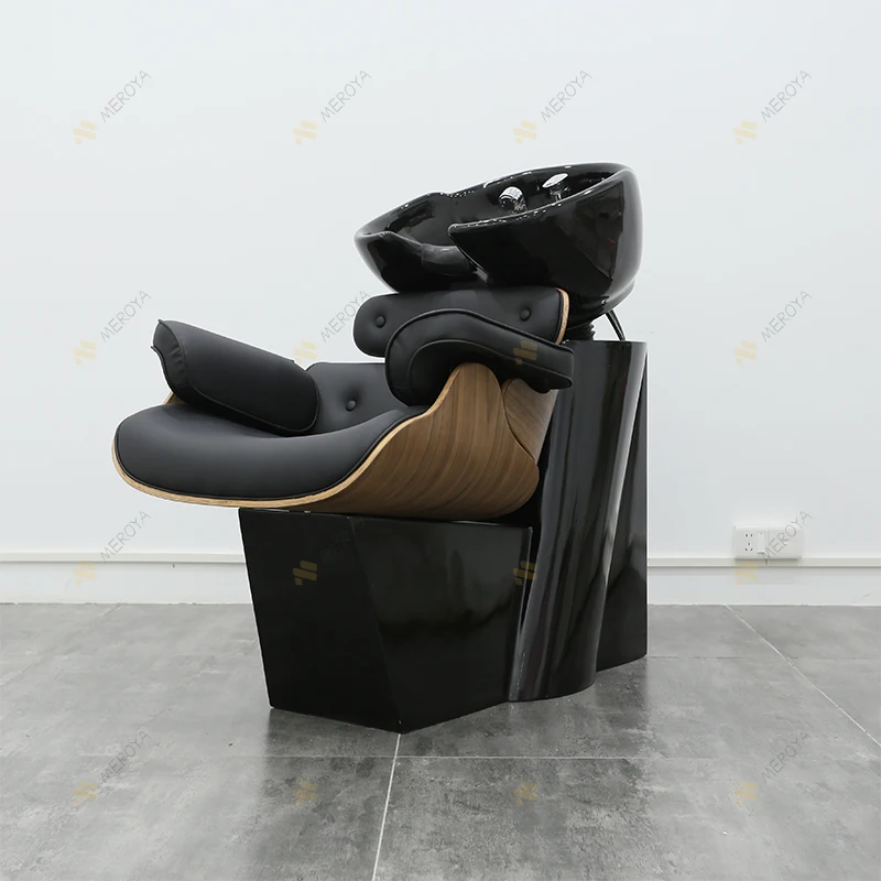 Unique Design Barber Shop Furniture Black Reclining Washing Chair Luxury Head Treatment Spa Shampoo Chair with Ceramic Basin