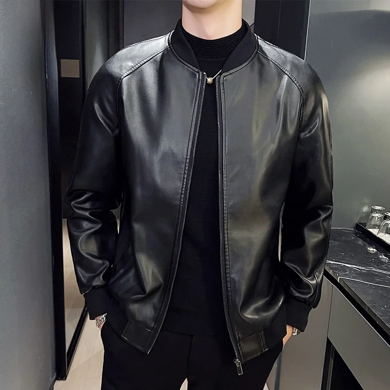 

Men's Biker Sle Leather Jaet Casual Trendy Bla Spring Faion Outerwear Long Sve Zipper Closure Windproof Warm