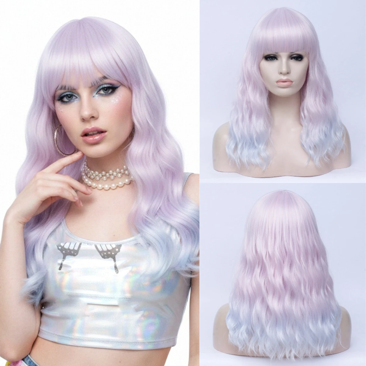 

Women Synthetic Wavy Wig Pink Blue Gradiant Wig Middle Length Wig With Bangs For Daily Party Cosplay Heat Resistant Fiber