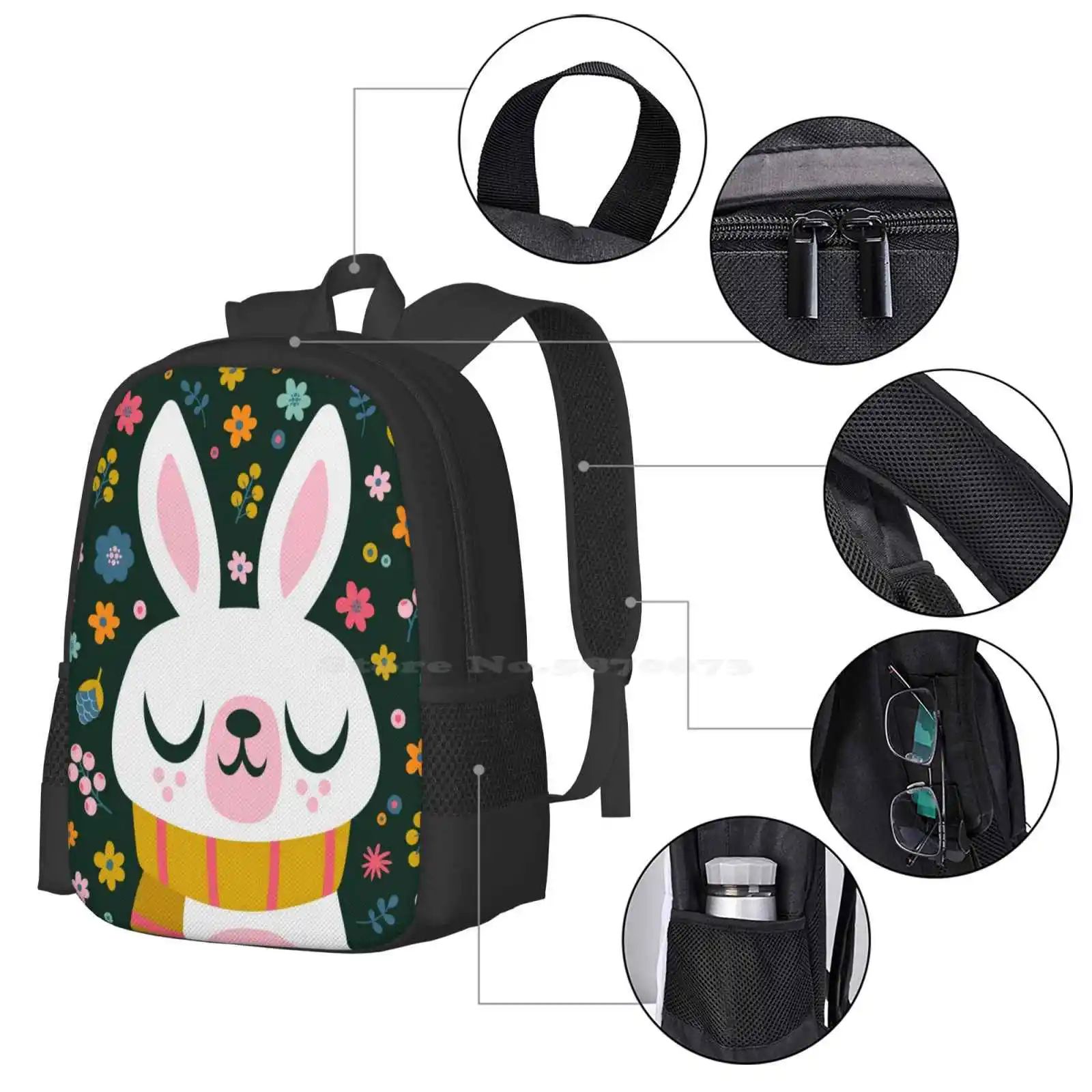 Bunny Wearing A Scarf And Flowers Backpacks For School Teenagers Girls Travel Bags Bunny Flowers Floral Smile Sweet Rabbit Cute