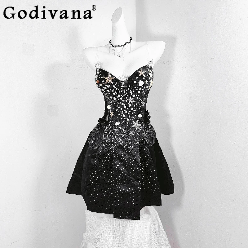 

Original Pure Black Gothic Diamond Mini Dress Women's Handmade Party Short Dress Female Summer Sleeveless Banquet Dress