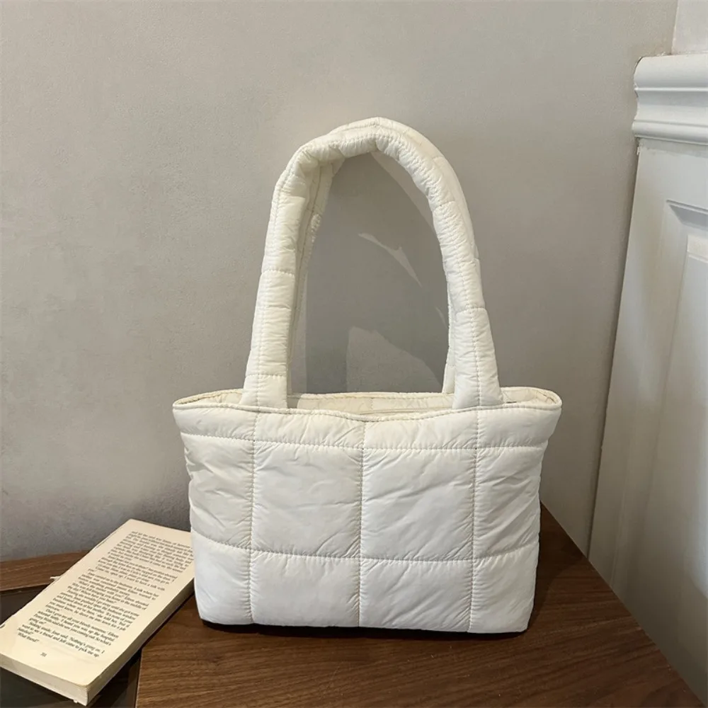 Fashion Cubic Grid Quilted Puffer Tote Bag Lightweight Cotton Solid Color Padded Handbag Large Capacity Shopping Bag Women