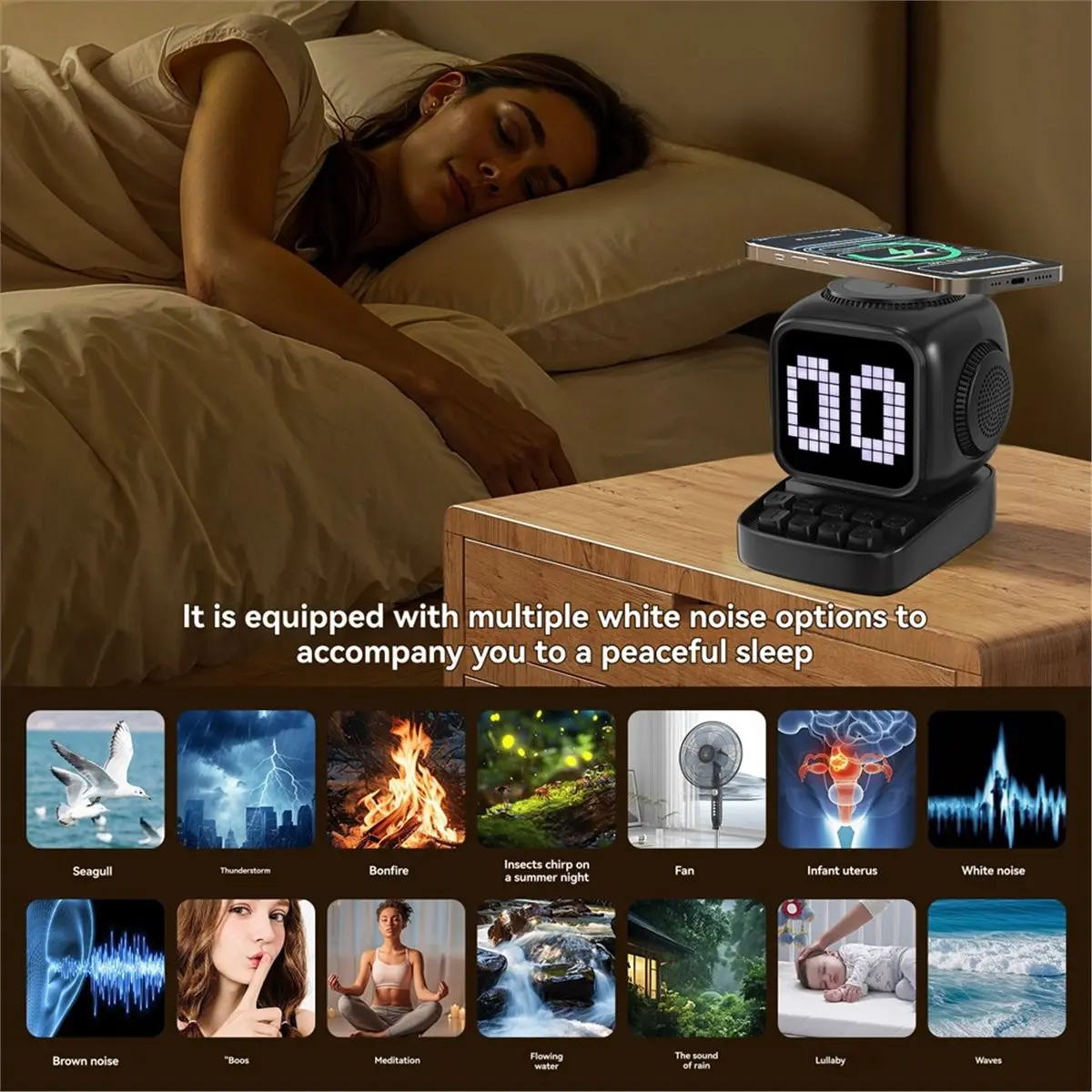 T1322C Tools-Retro Pixel Art Bluetooth Speaker 15W Wireless Charger Clock White Noise Speaker Home Decoration Cute Gift White