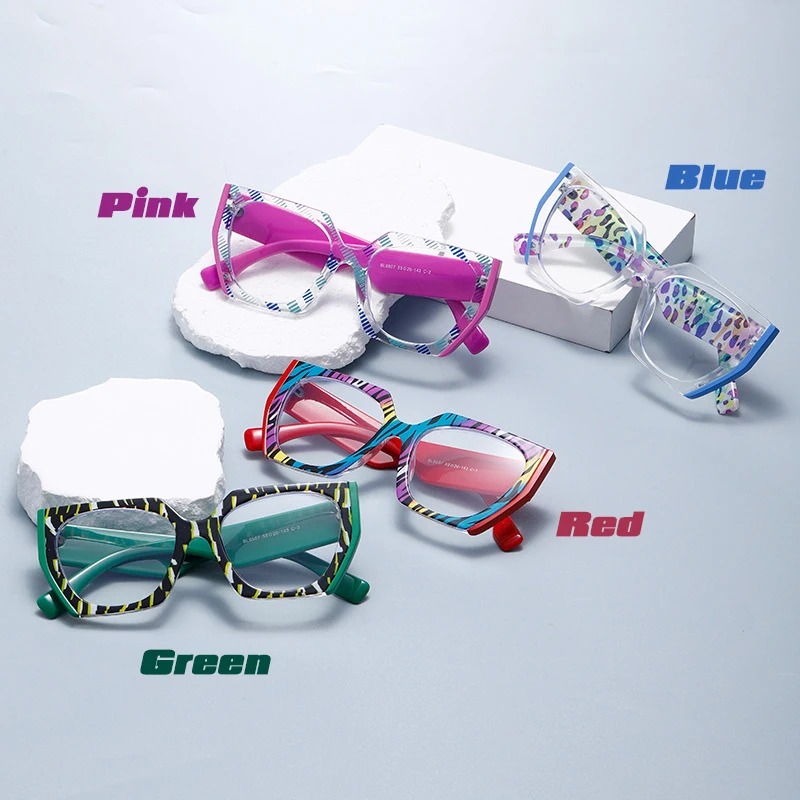 Retro Polygon Pink Glasses Frame Women Fashion Double Color Clear Lens Anti-Blue Light Eyewear Men Wide Legs Optical Frame