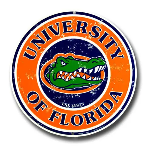 Letrero Redondo Metálico 2D Plano de los Gators de la Universidad de Florida - Decoración de Pared Vintage con Logotipo Deportivo Universitario para Dormitorio, Cuarto de Hombre, Alumni