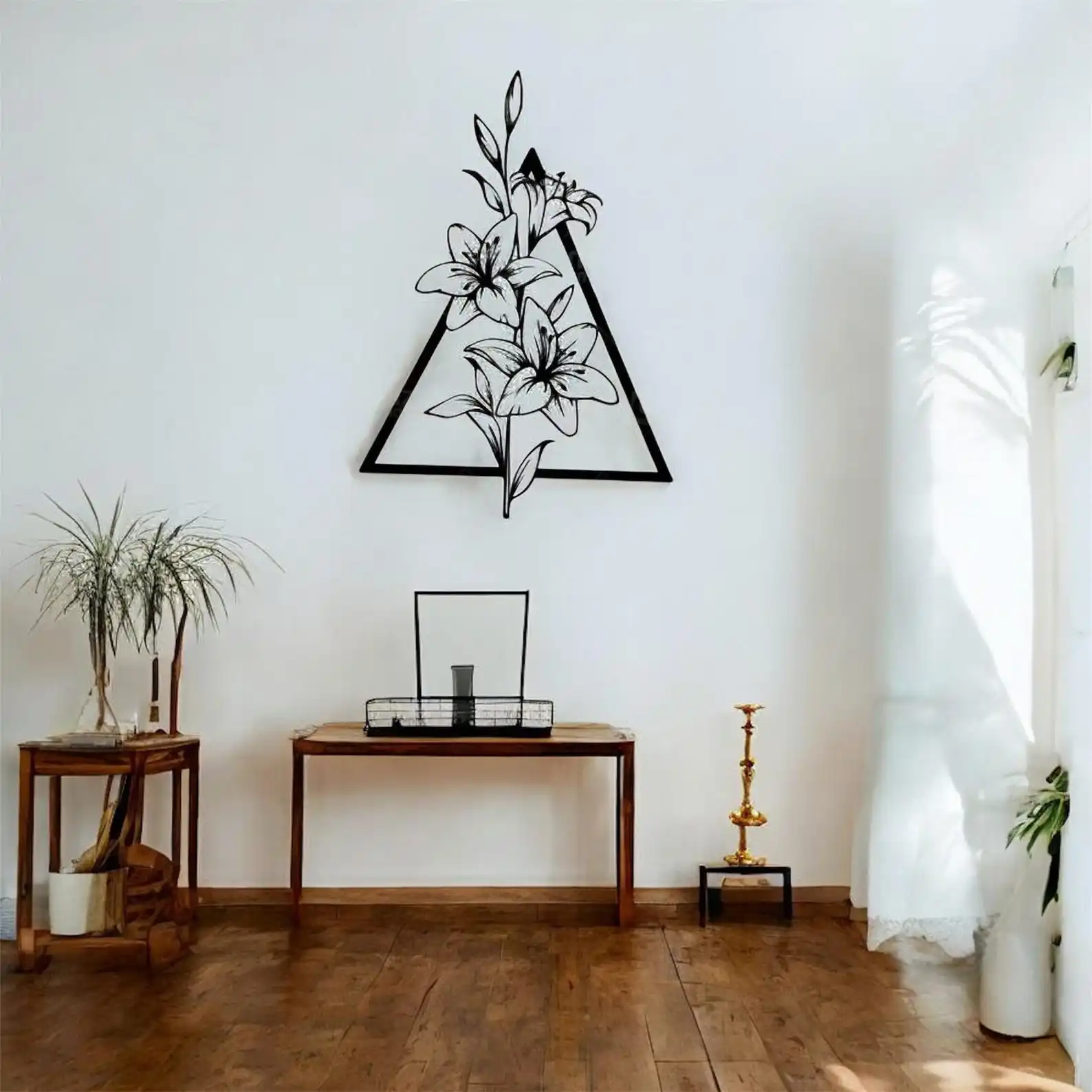 Brand Black Steel Geometric Lily Metal Wall Art Modern Botanical Triangle Frame Home Decor