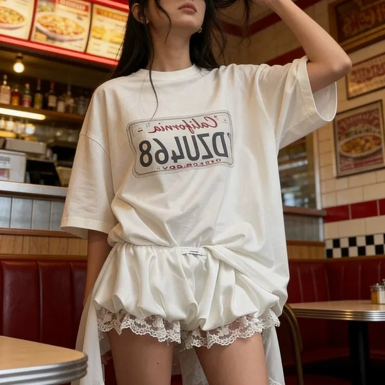 American Lazy Style Loose Short Sleeve T-Shirt Women's Summer License Plate Print round Neck Half Sleeve Top Cotton Material