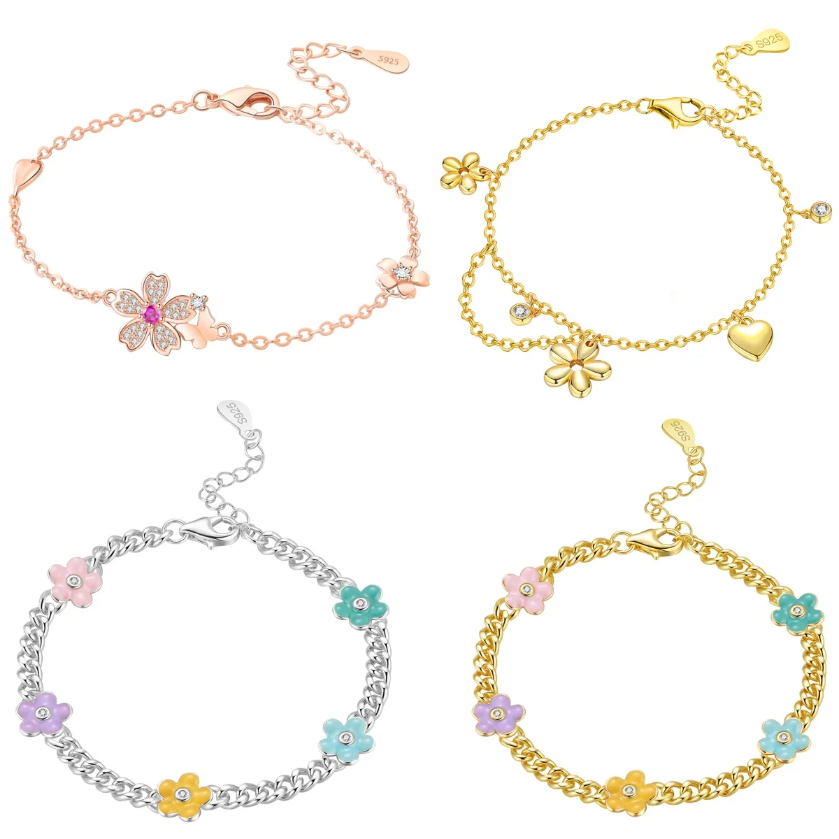 Orstarry S925 Plata de Ley Exquisita Pulsera de Cadena Ajustable con Dijes de Flor de Cerezo y Mariposa Joyería