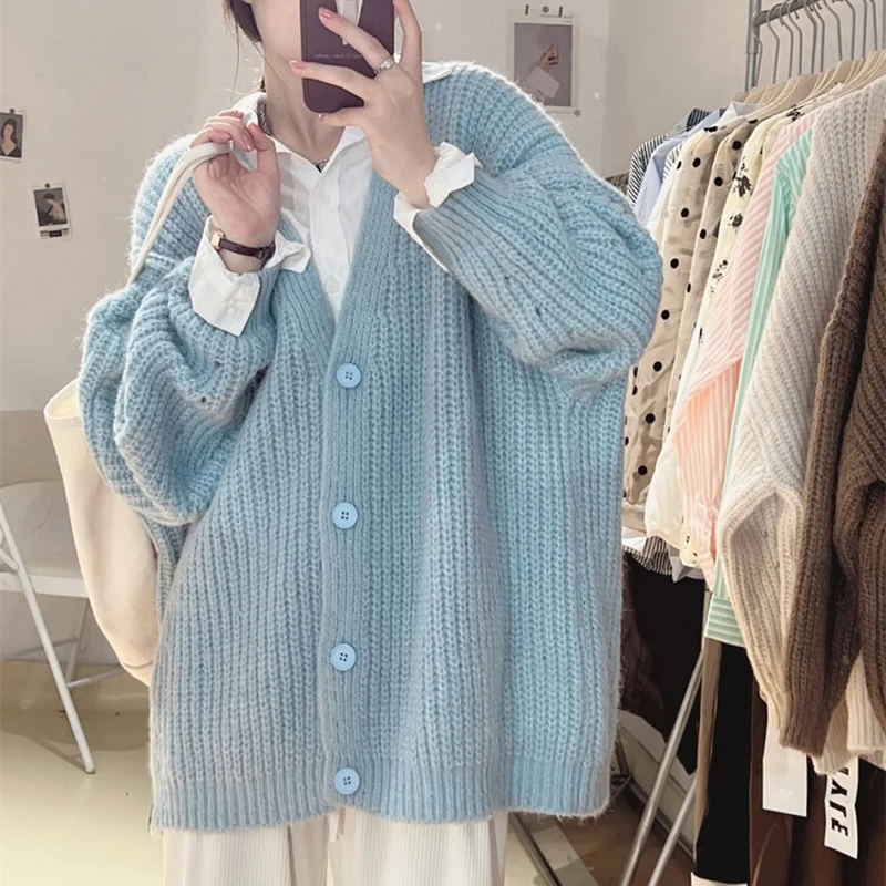 Candy Colors Knitted Cardigan for Women Autumn Winter Long Sleeve Loose Cardigans Woman Chic Lazy Wind V Neck Sweater Coats