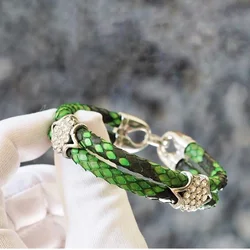 Python Skin Leather Bangle Real Python Skin Leather With Steel CZ Bracelet