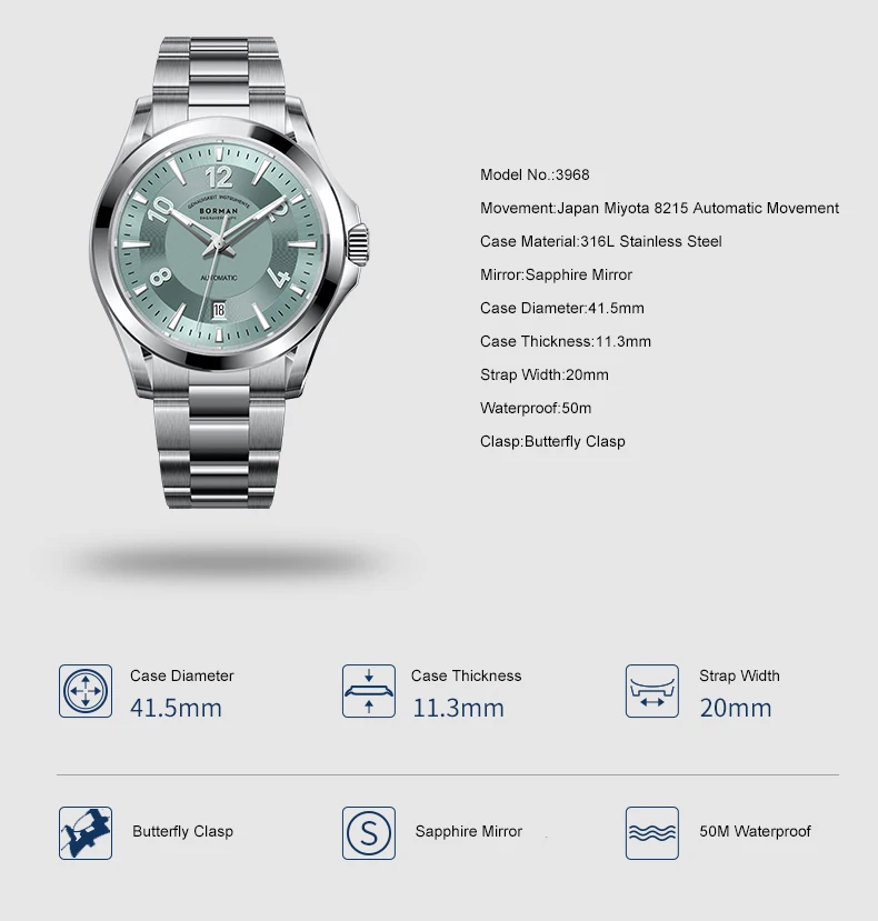 بورمان ساعة أوتوماتيكية للرجال 41.5 ملم ساعة يد ميكانيكية عتيقة 50 متر مقاومة للماء ياقوت مضيئة Miyota8125