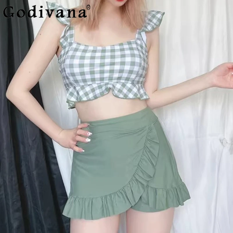 

Matcha Green Girl Retro Plaid Ruffles Sleeveless Swim Swimsuit Summer New Black Elegant Square Collar Seaside Split Swimsuits