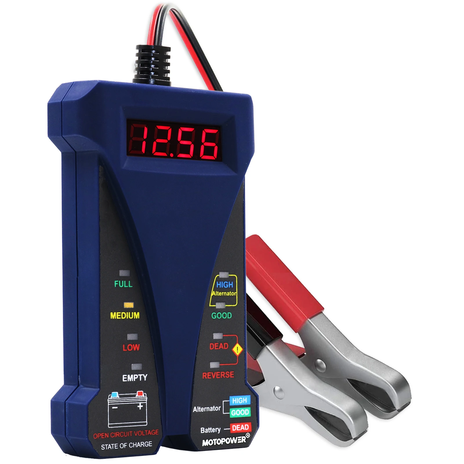 

MOTOPOWER 12V Digital Car Battery Tester Voltmeter Alternator Analyzer with LCD and LED display Rubber Paint, Dark Blue