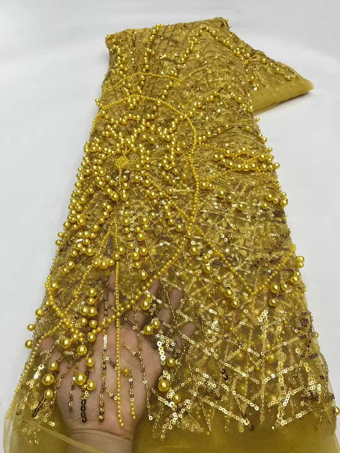 

African Heavy Beaded Lace Fabric 5 Yards 2025 High Quality French Nigerian Mesh Sequins Lace For Women Wedding Dresses Sewing